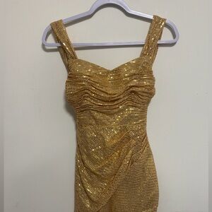 Gold Sequin Draped Evening Dress